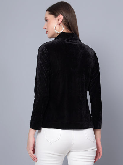 Golden Kite Black Solid Women V-Neck Collared Top