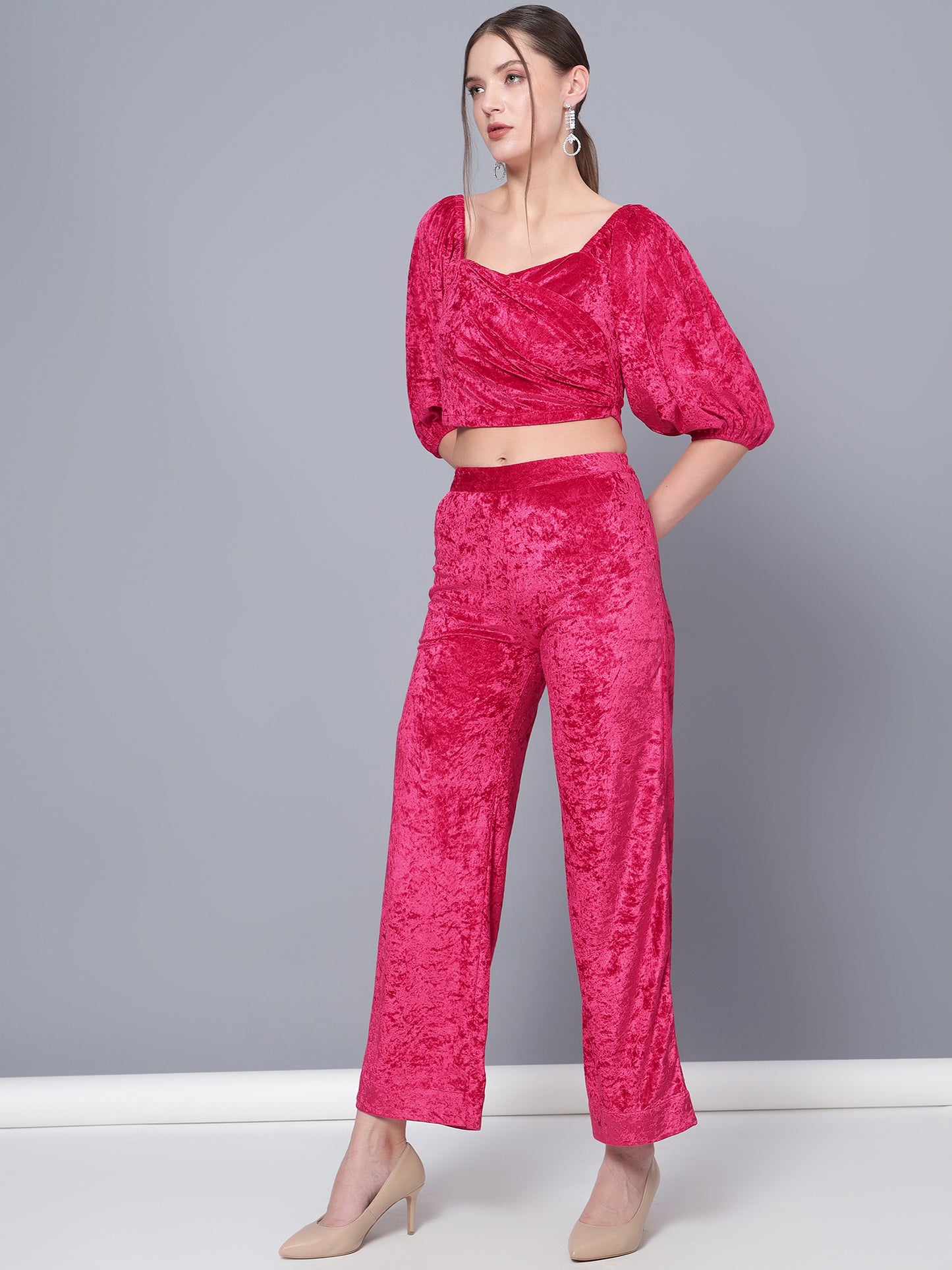 Golden Kite Women Solid Crop Top & Straight Trouser Co-Ord Set