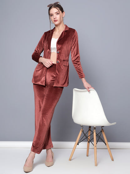 Golden Kite Black Solid Women Single-Breasted Velvet Blazer & Trouser set