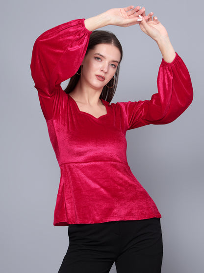 Golden Kite Black Women Solid Sweetheart Neck Bishop Sleeves Velvet Top