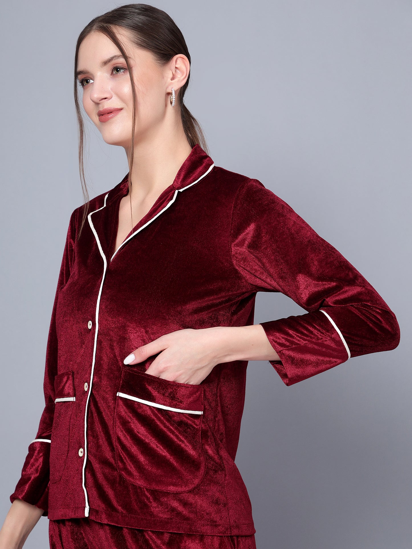 Golden Kite Solid Women's Black Knotch Collar Night Suit with 2 Pocket and Button Details