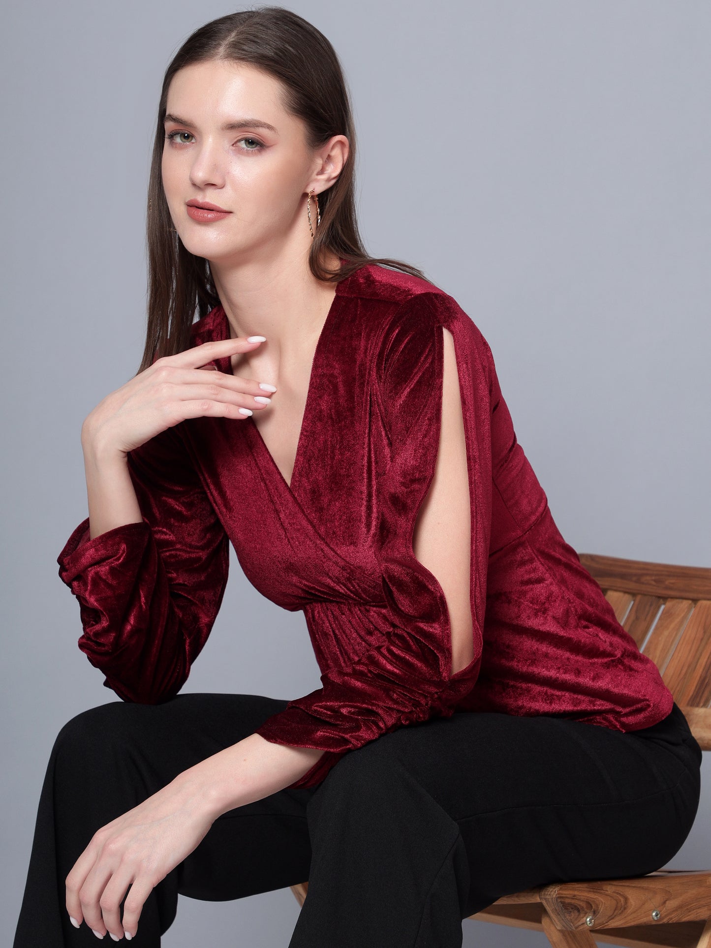 Golden Kite Black Women Solid Wrap Neck ,Sleeve Cut Gather detail Top