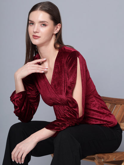 Golden Kite Black Women Solid Wrap Neck ,Sleeve Cut Gather detail Top