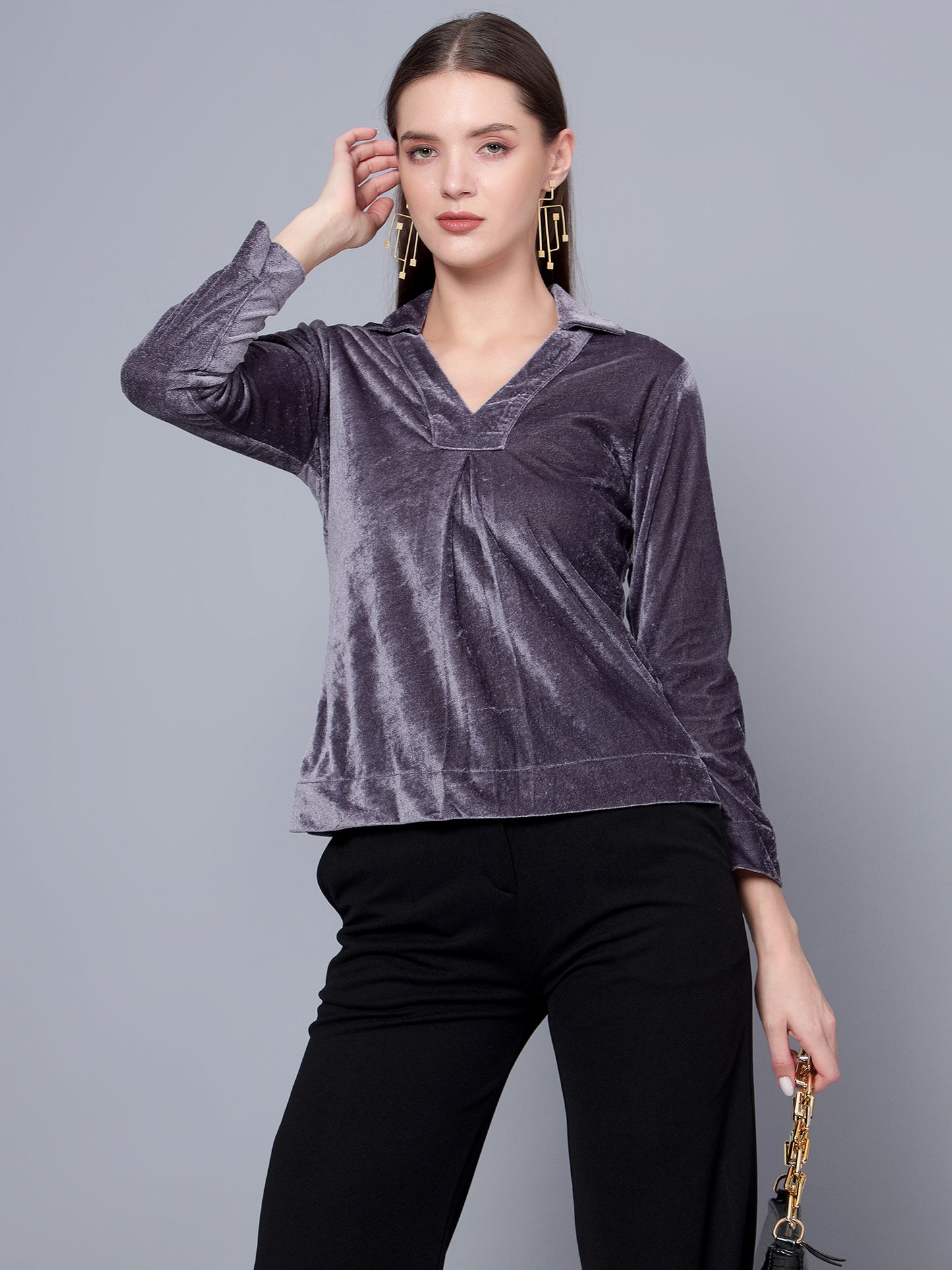 Golden Kite Black Solid Women V-Neck Collared Top