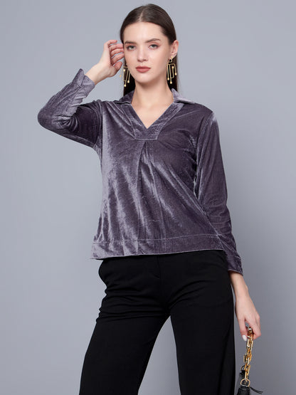Golden Kite Black Solid Women V-Neck Collared Top