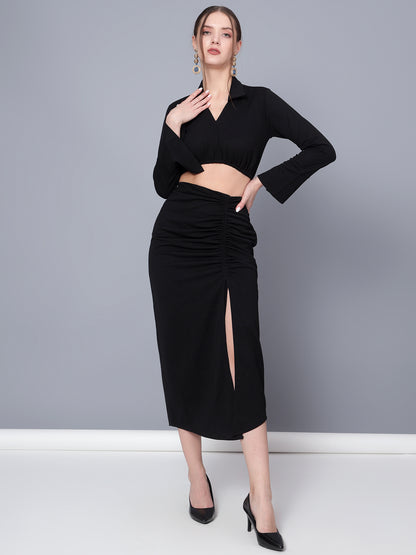 Golden Kite Trendy Black Solid Women Crop Top & Drape Skirt Set