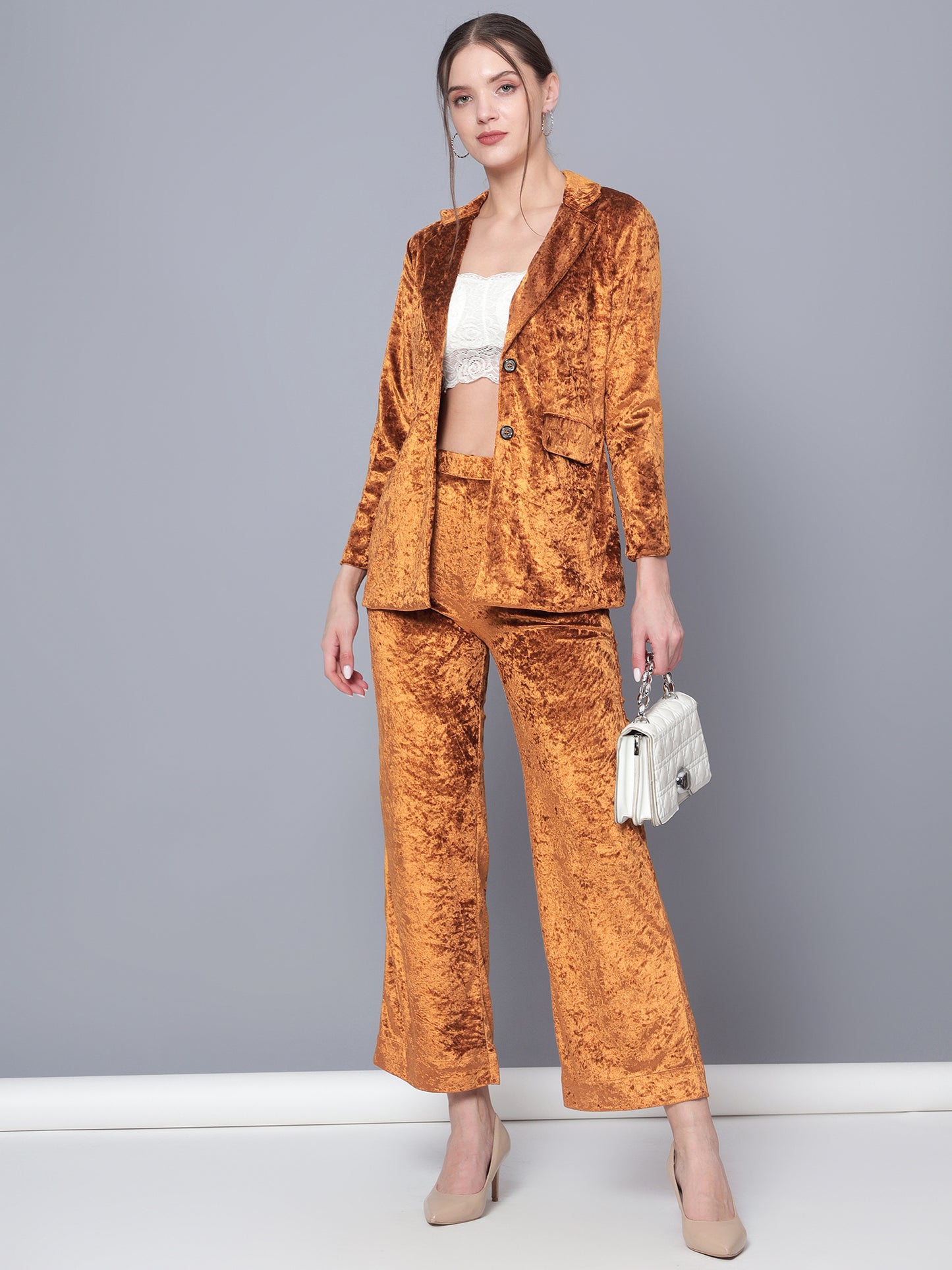 Golden Kite Black Solid Women Single-Breasted Velvet Blazer & Trouser set