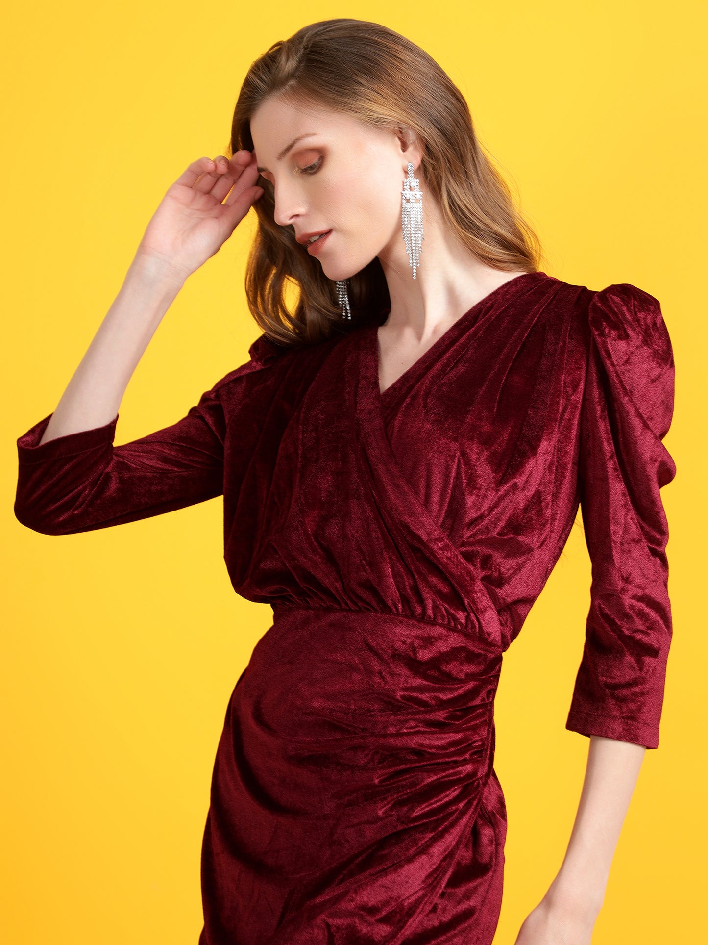 Golden Kite Black Solid Velvet Wrap ,Midi Puff sleeve Dress