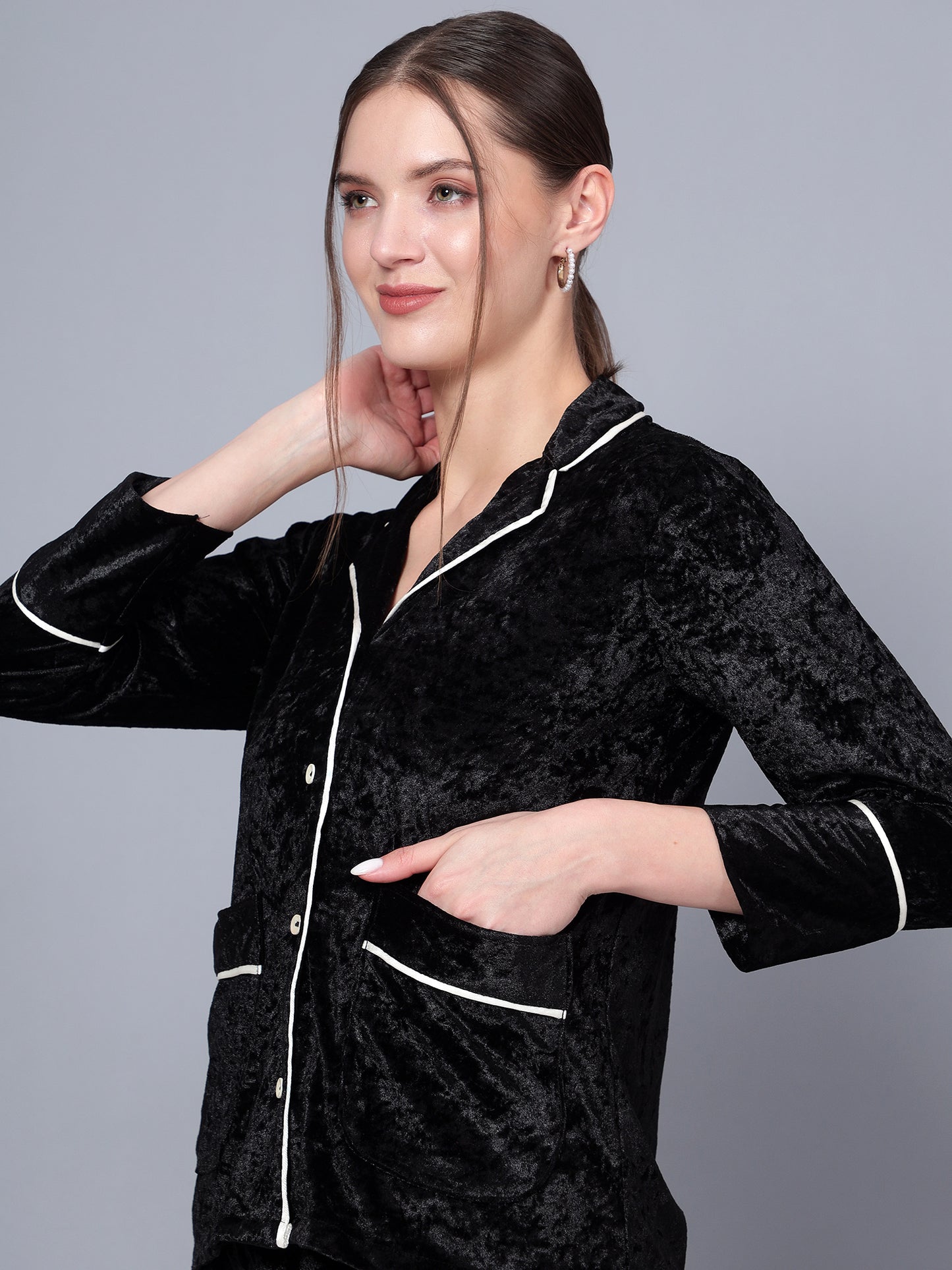 Golden Kite Solid Women's Black Knotch Collar Night Suit with 2 Pocket and Button Details