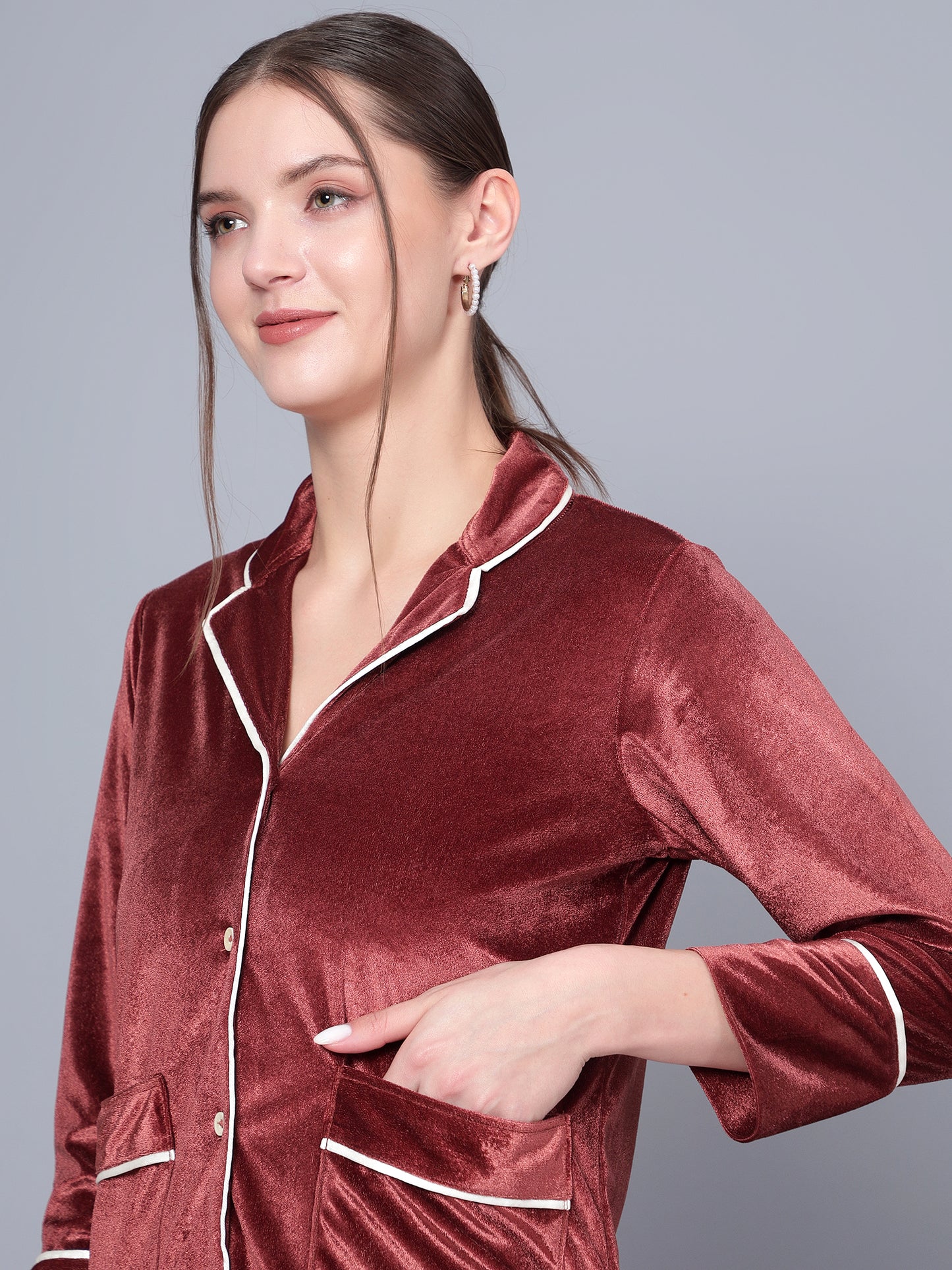 Golden Kite Solid Women's Black Knotch Collar Night Suit with 2 Pocket and Button Details