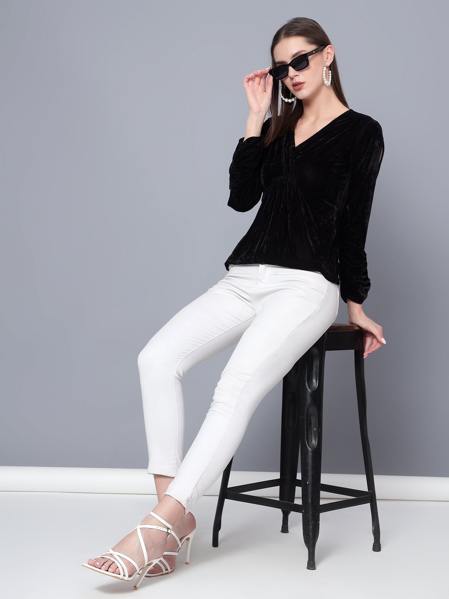 Golden Kite Black Women Solid Wrap Neck ,Sleeve Cut Gather detail Top