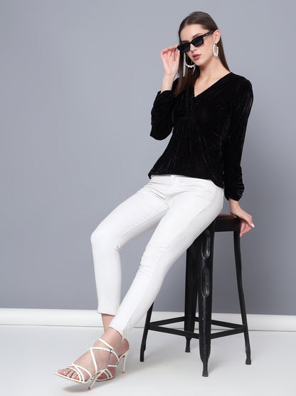 Golden Kite Black Women Solid Wrap Neck ,Sleeve Cut Gather detail Top