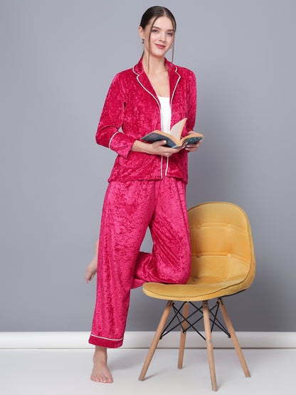 Golden Kite Solid Women's Black Knotch Collar Night Suit with 2 Pocket and Button Details