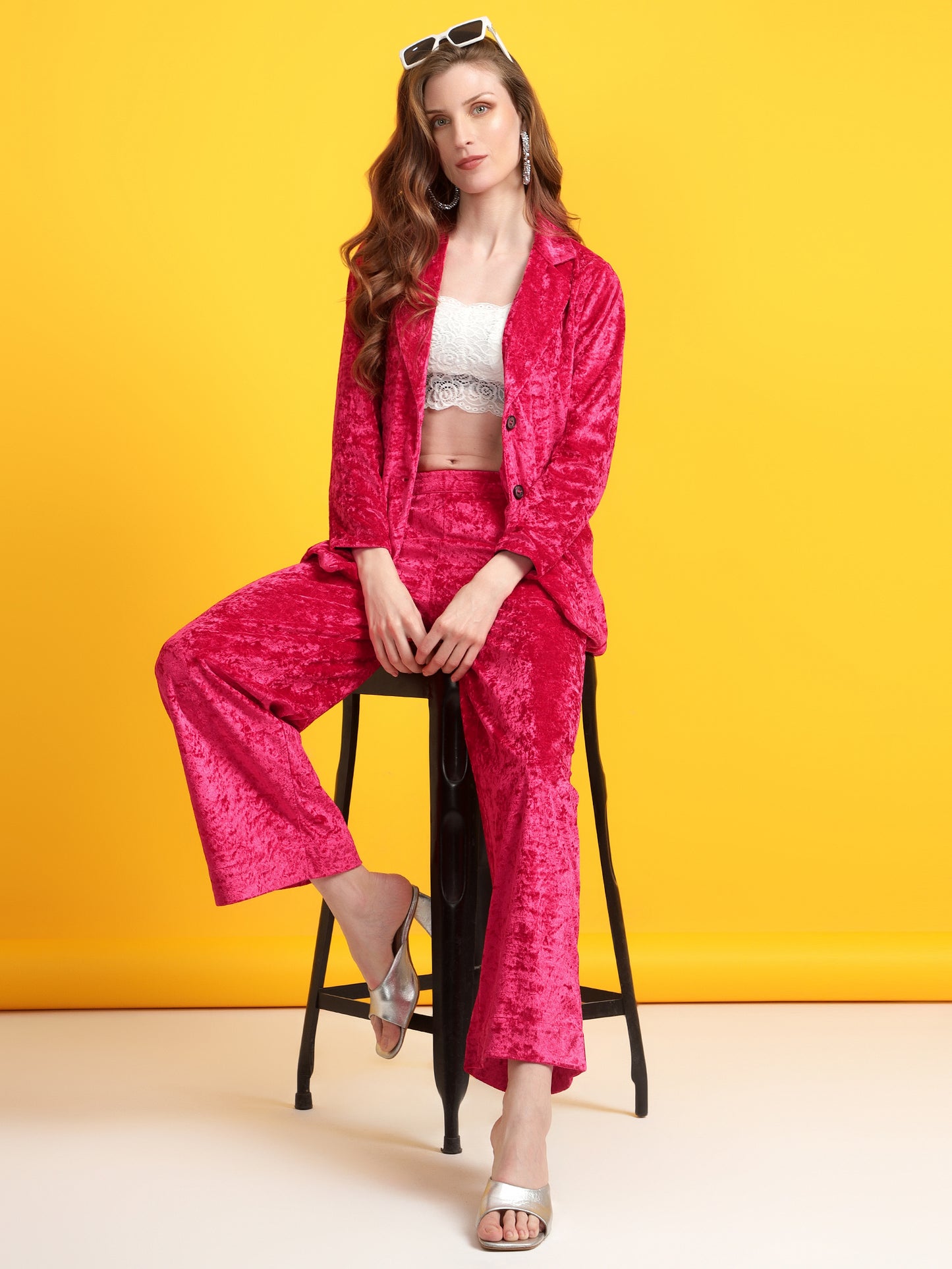 Golden Kite Black Solid Women Single-Breasted Velvet Blazer & Trouser set