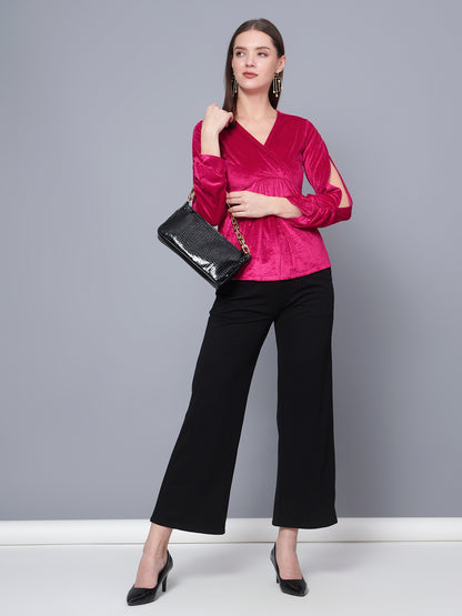 Golden Kite Black Women Solid Wrap Neck ,Sleeve Cut Gather detail Top