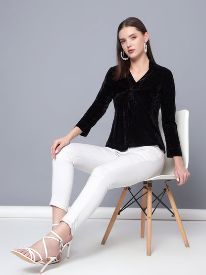 Golden Kite Black Solid Women V-Neck Collared Top