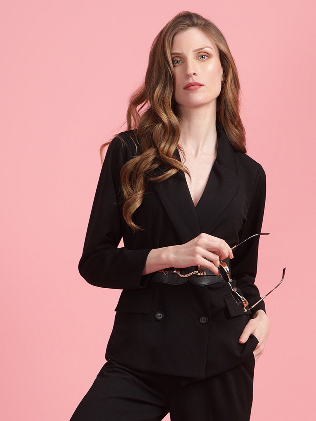 Golden Kite Black Solid Women Double-Breasted Blazer .