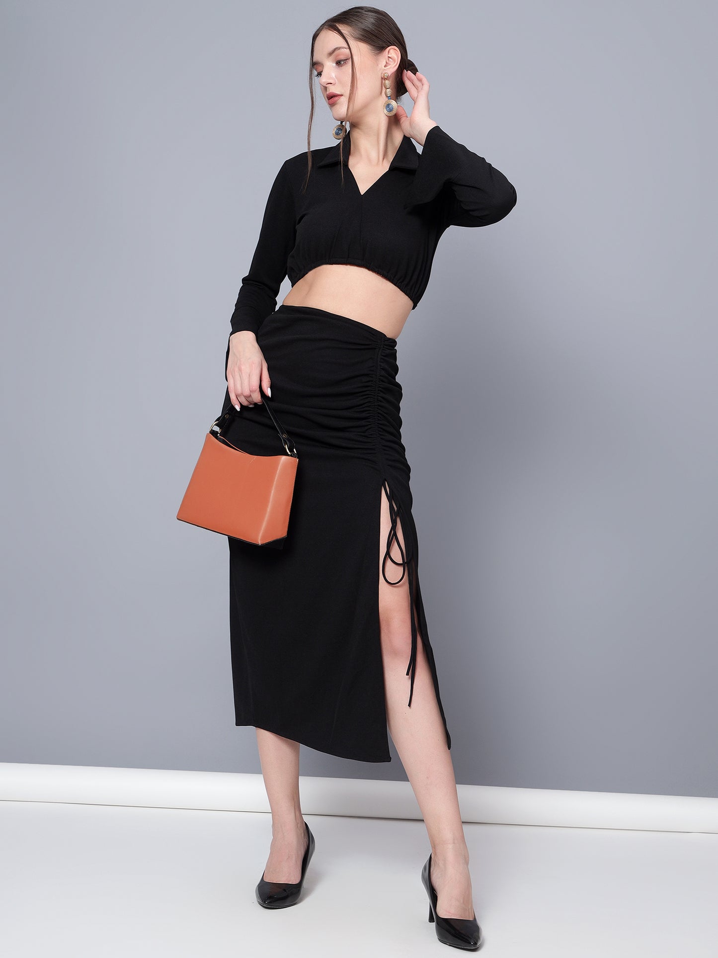 Golden Kite Trendy Black Solid Women Crop Top & Drape Skirt Set