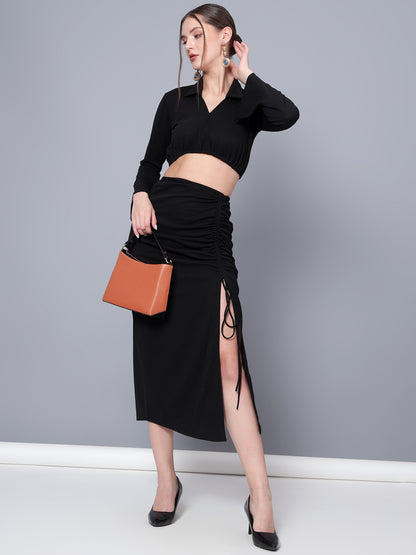 Golden Kite Trendy Black Solid Women Crop Top & Drape Skirt Set