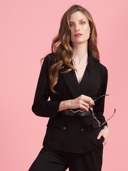 Golden Kite Black Solid Women Double-Breasted Blazer & Trouser set
