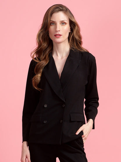 Golden Kite Black Solid Women Double-Breasted Blazer .