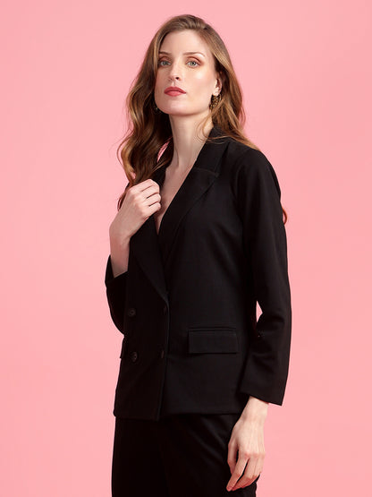 Golden Kite Black Solid Women Double-Breasted Blazer .