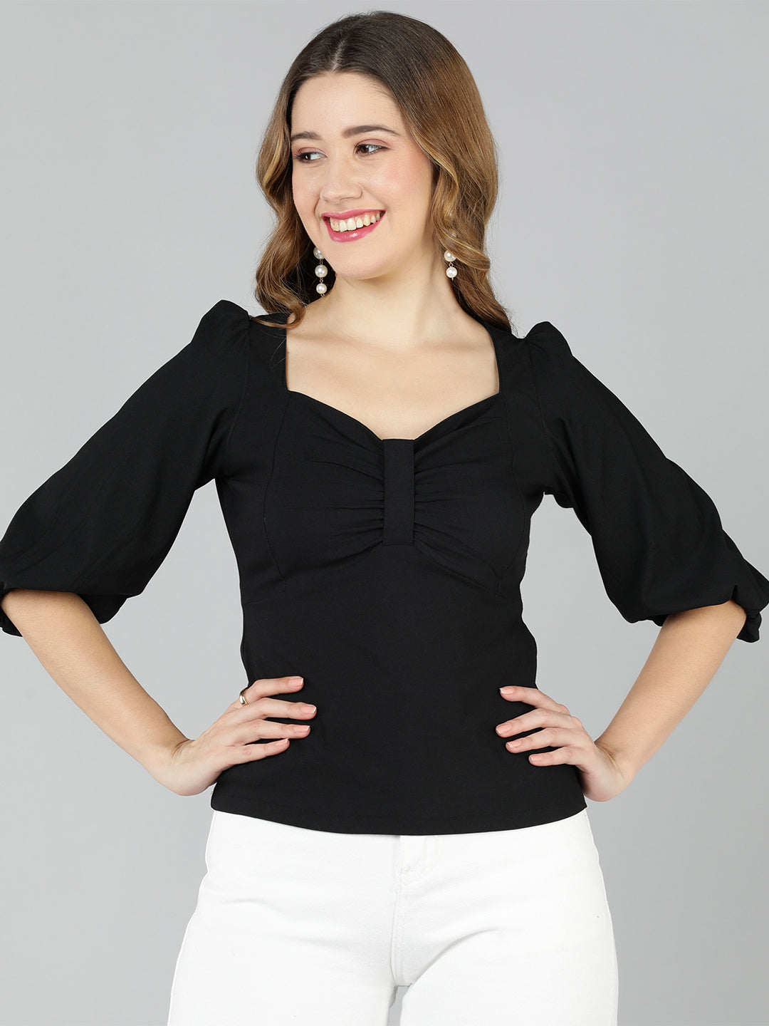 Golden Kite Lilac Solid Sweatheart Neck Top With Front bow detail and Bishop Sleeve