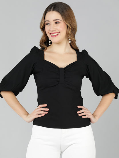 Golden Kite Lilac Solid Sweatheart Neck Top With Front bow detail and Bishop Sleeve