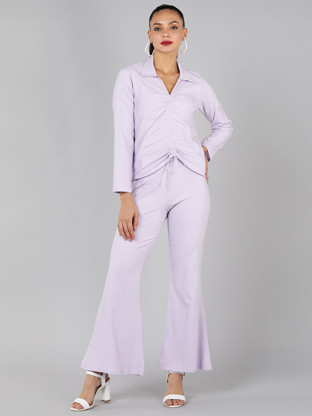 Golden Kite Green Solid Co-ordset , Collared shirt with a V-neck and long sleeves , featuring a gathered detail with adjustable ties at the front paired with flowing high waist trousers with an elastic waist band