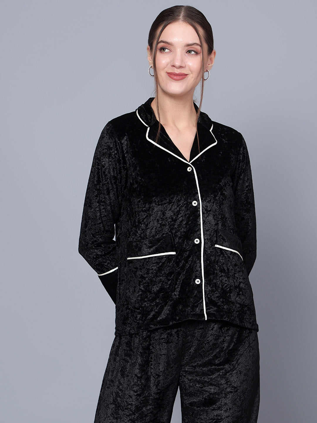 Golden Kite Solid Women's Black Knotch Collar Night Suit with 2 Pocket and Button Details