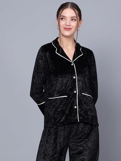Golden Kite Solid Women's Black Knotch Collar Night Suit with 2 Pocket and Button Details