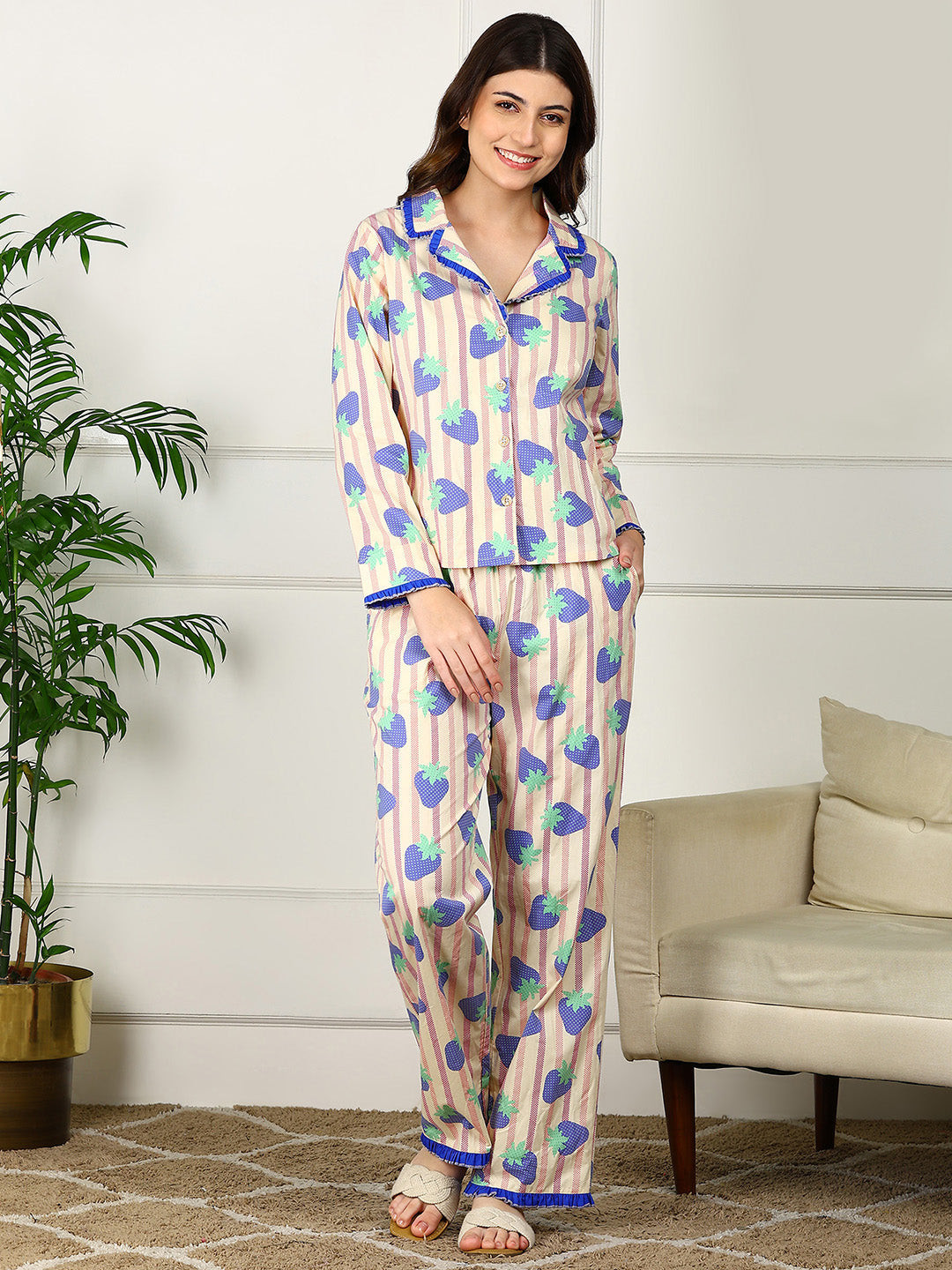 Golden Kite Women’s Cotton Stawberry Printed Night Suit with Notch Collar, Frill & Pocket