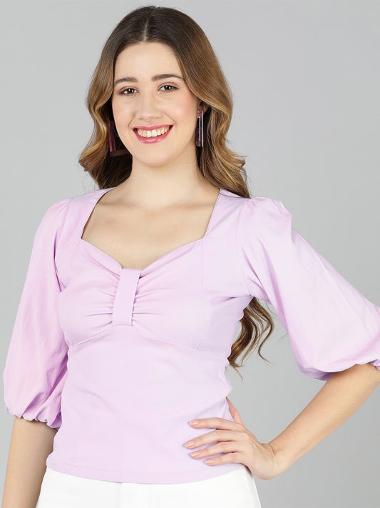 Golden Kite Lilac Solid Sweatheart Neck Top With Front bow detail and Bishop Sleeve