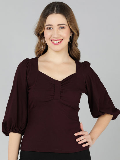 Golden Kite Lilac Solid Sweatheart Neck Top With Front bow detail and Bishop Sleeve