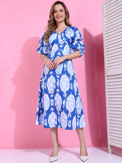 Golden Kite Blue & White Ikat Print Puff-Sleeve Cotton Midi Dress