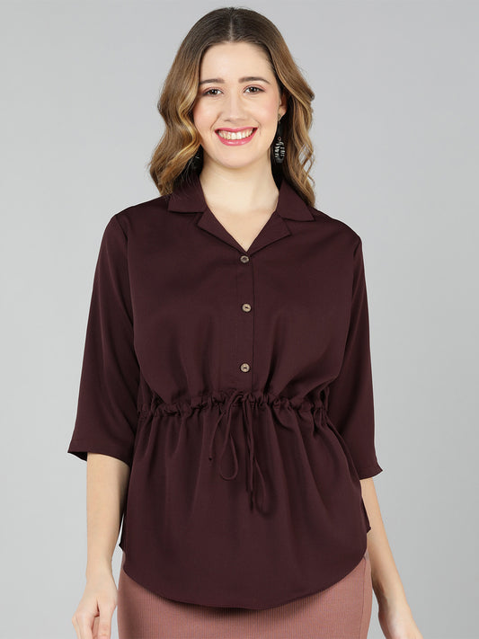 Golden Kite Burgundy Solid Lapel collar Longline shirt with assymetric hem and waist tieup for perfect fit, 3/4th sleeve