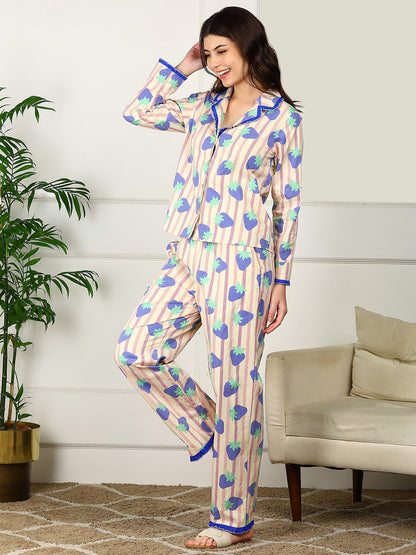 Golden Kite Women’s Cotton Stawberry Printed Night Suit with Notch Collar, Frill & Pocket