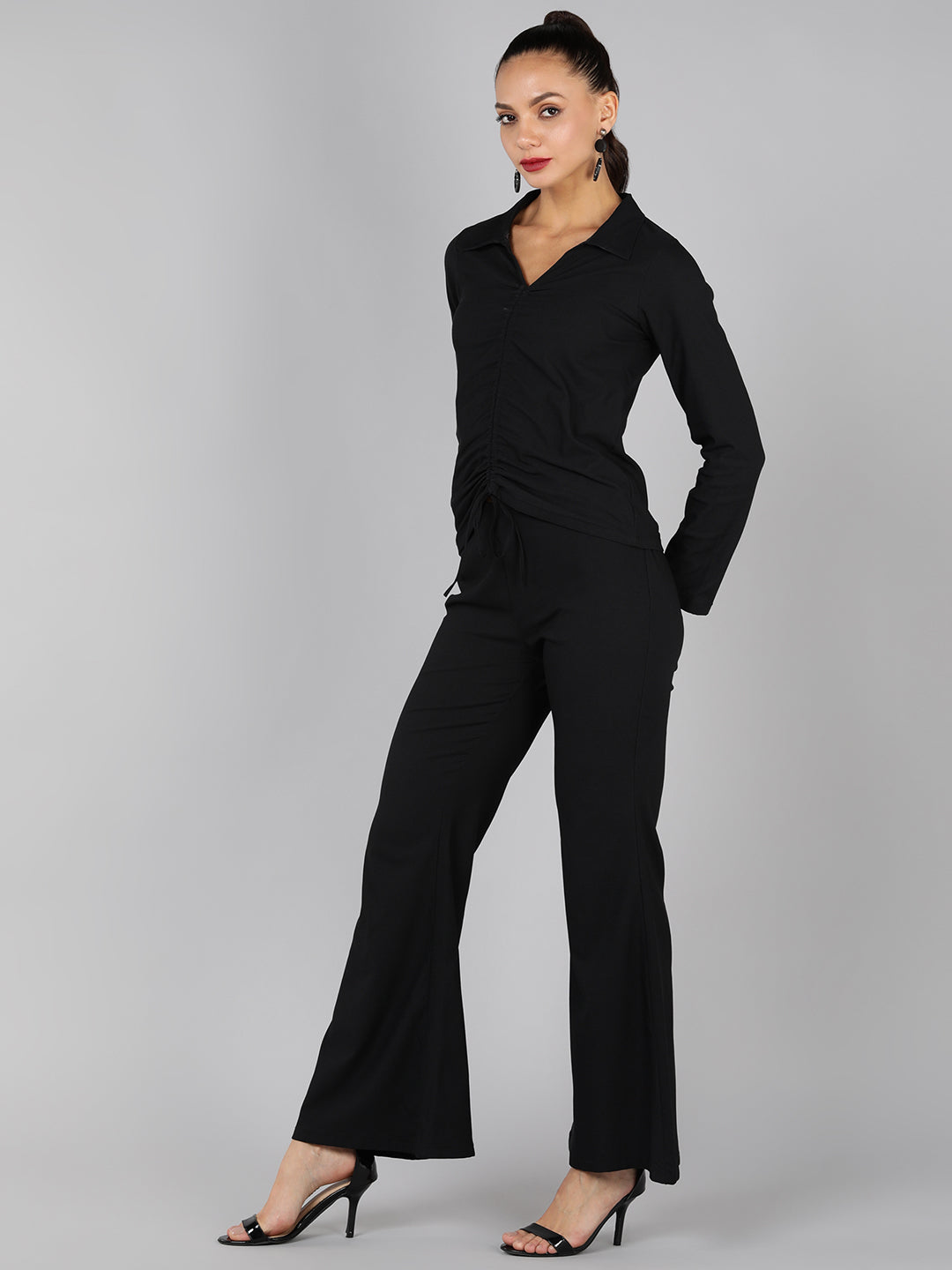 Golden Kite Green Solid Co-ordset , Collared shirt with a V-neck and long sleeves , featuring a gathered detail with adjustable ties at the front paired with flowing high waist trousers with an elastic waist band