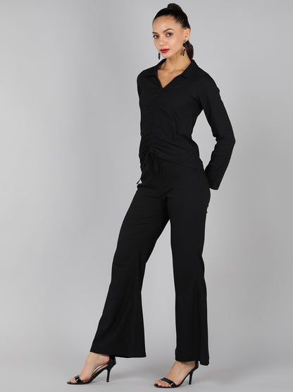 Golden Kite Green Solid Co-ordset , Collared shirt with a V-neck and long sleeves , featuring a gathered detail with adjustable ties at the front paired with flowing high waist trousers with an elastic waist band