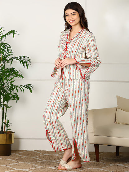 Golden Kite Women’s Cotton Heart Printed Night Suit with Contrast Piping Notch Collar, Piping & Pocket