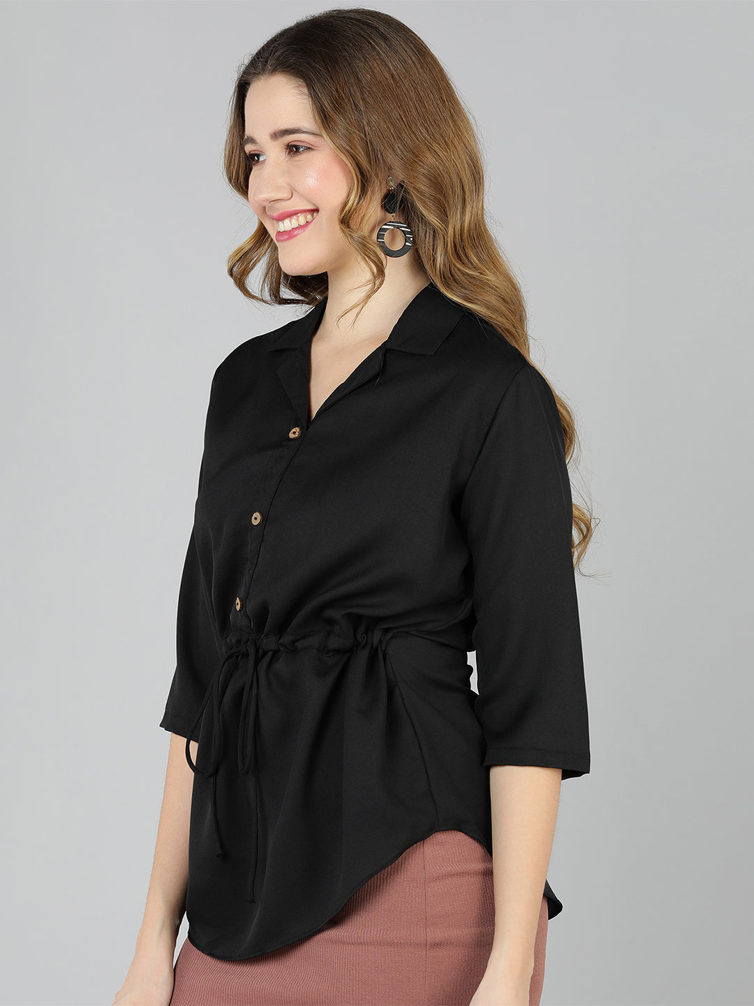 Golden Kite Burgundy Solid Lapel collar Longline shirt with assymetric hem and waist tieup for perfect fit, 3/4th sleeve