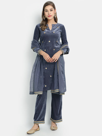 Golden Kite Velvet Embellished Kurta & Palazzos with Dupatta
