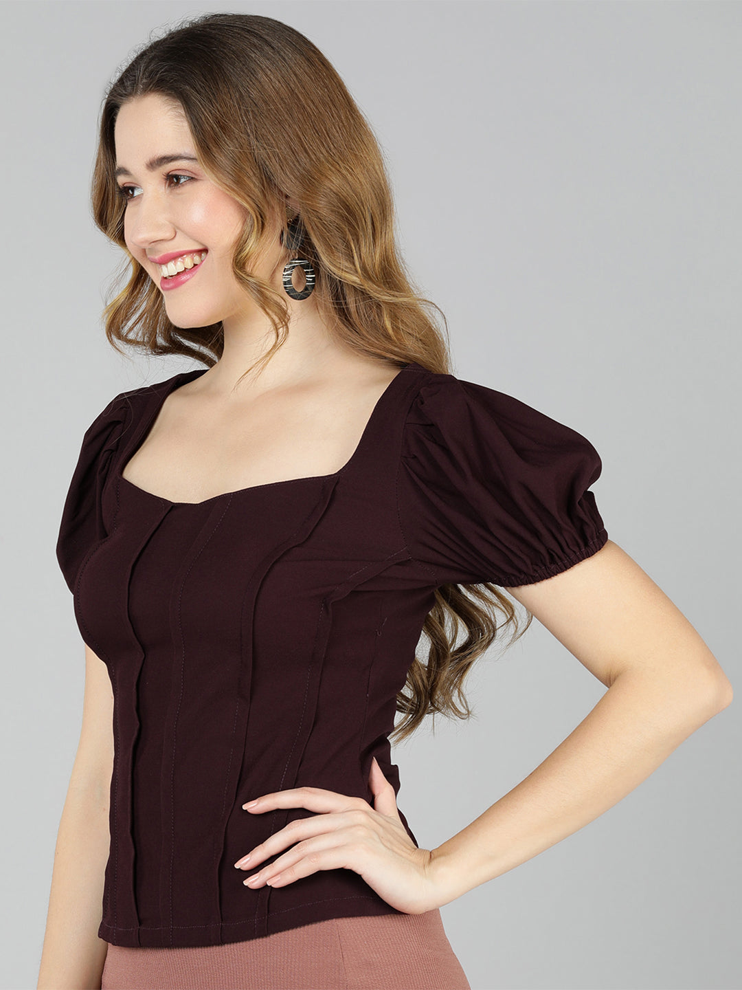 Golden Kite Lilac Solid Sweatheart Neck Top ,front corset , puffy sleeve ,Crafted in Viscose poly knit