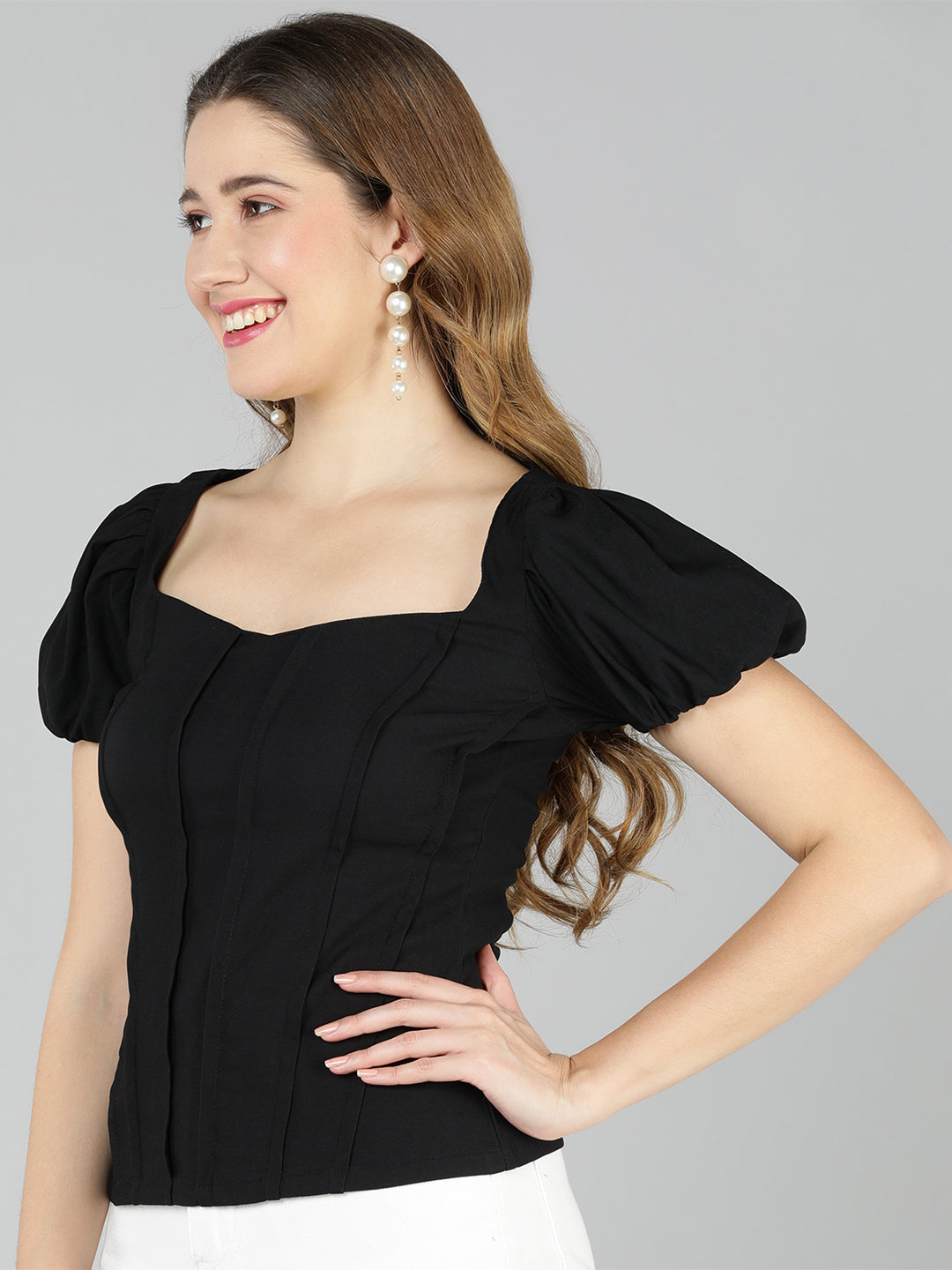 Golden Kite Lilac Solid Sweatheart Neck Top ,front corset , puffy sleeve ,Crafted in Viscose poly knit