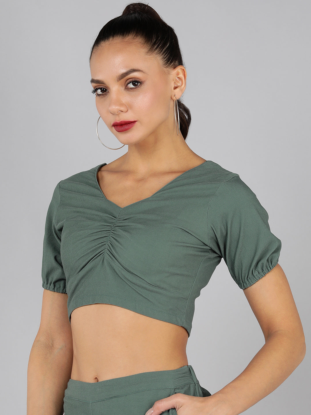 Golden Kite Women Solid Green Sweetheart Neck Front rouching Detail