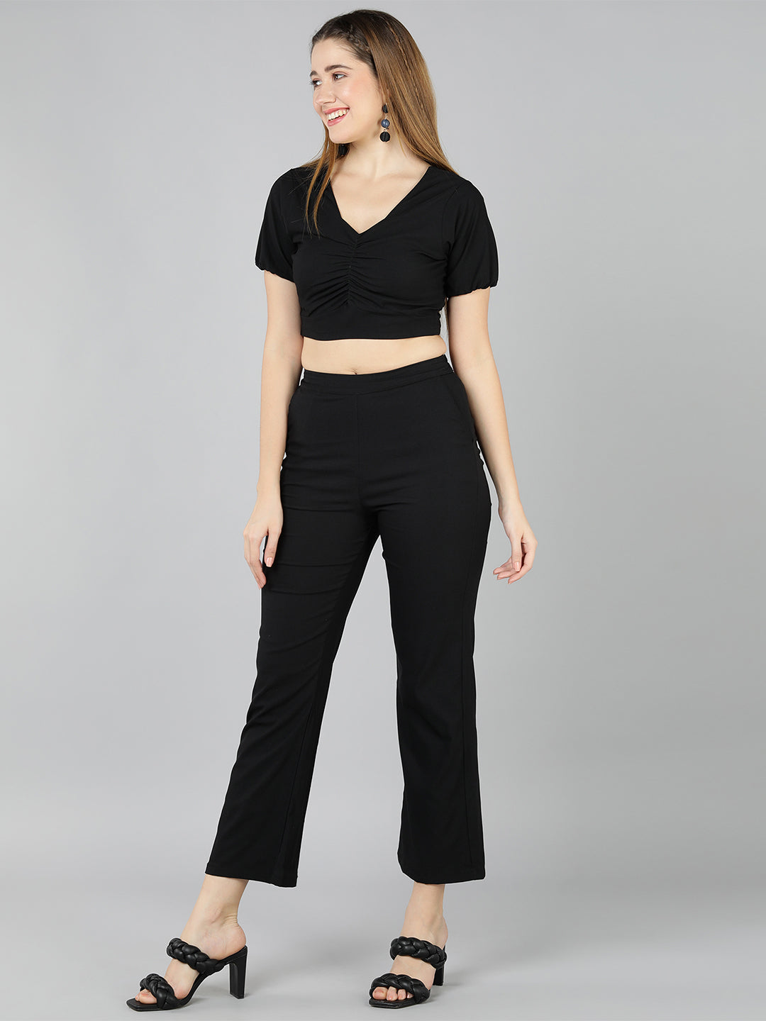 Golden Kite Green Solid Co-ordset , crop top sweatheart neck with front ruching detail paired with Straight trouser