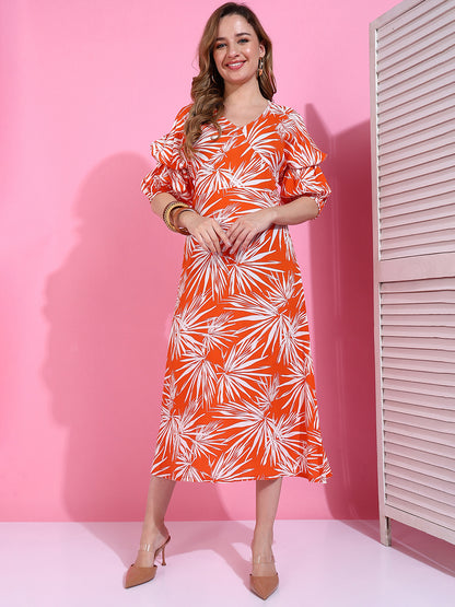 Golden Kite Tropical Blaze Orange Leaf Bliss Puff-Sleeve Cotton Midi Dress