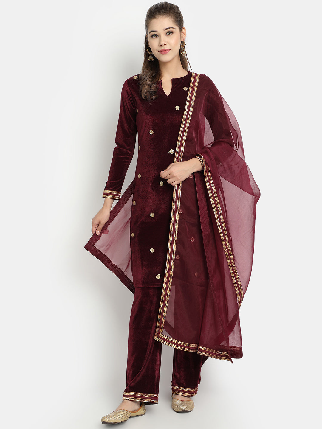 Golden Kite Velvet Embellished Kurta & Palazzos with Dupatta