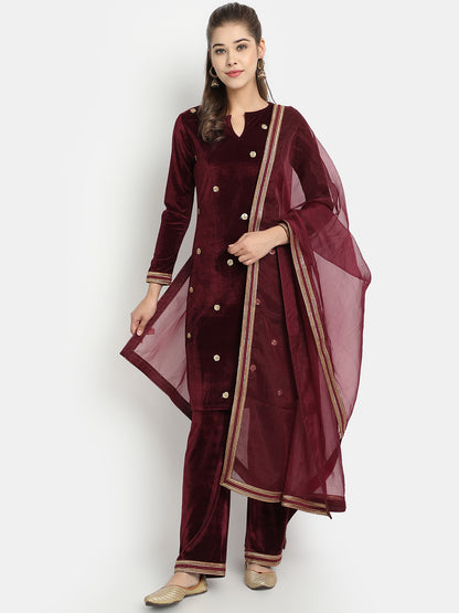 Golden Kite Velvet Embellished Kurta & Palazzos with Dupatta