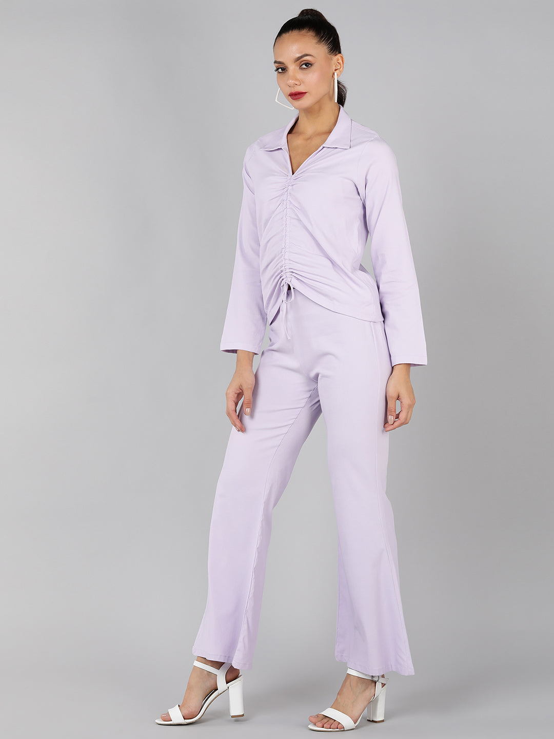 Golden Kite Green Solid Co-ordset , Collared shirt with a V-neck and long sleeves , featuring a gathered detail with adjustable ties at the front paired with flowing high waist trousers with an elastic waist band